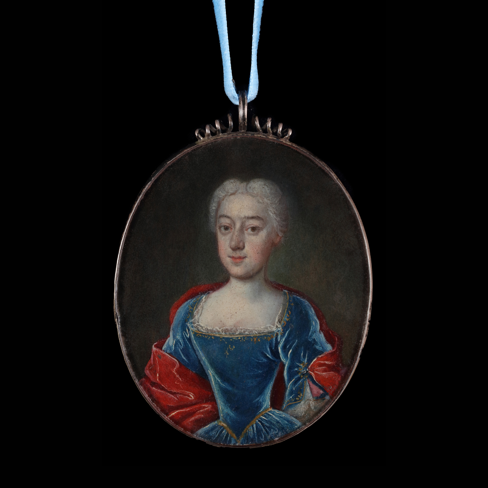 Portrait of a Polish Noblewoman, wearing blue dress with gold embroidery and lace trim, a red cloak, her hair powdered